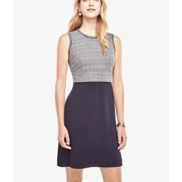 Ann Taylor Dress Blue Tweed A Line Flare Sleeveless Pockets - Picture 1 of 13